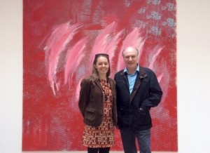 Tim Cooke and Liz Gilmore, Director, Jerwood Gallery, with Rachel Howard's Euphoric Recall